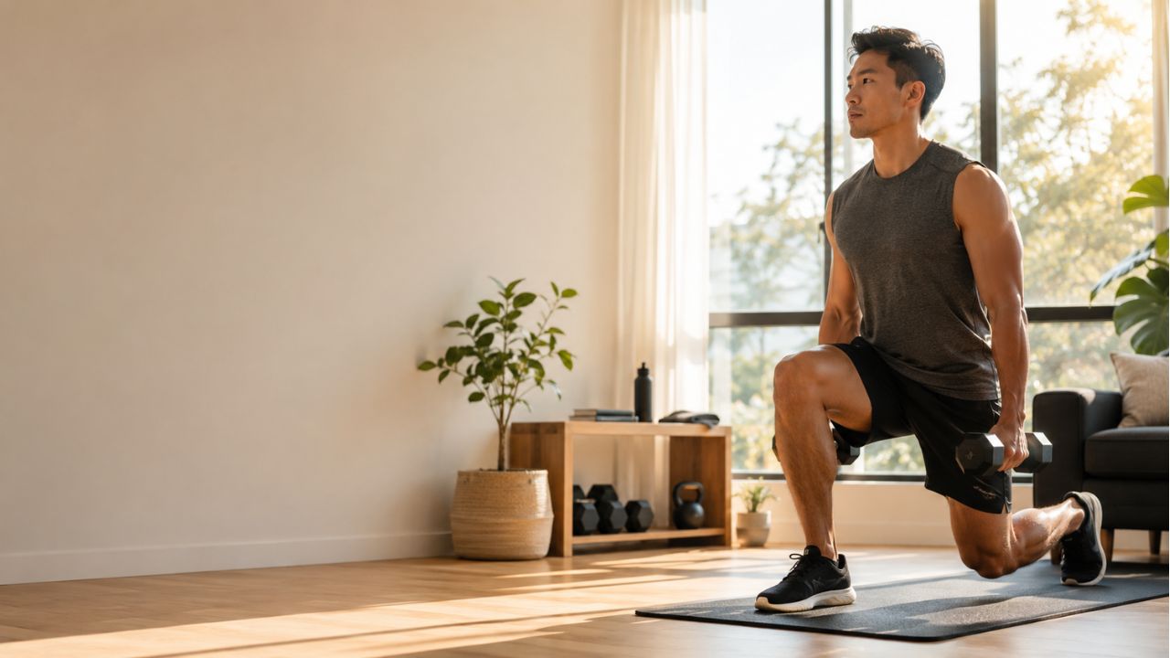 Homme réalisant une fente avec un haltère dans un salon lumineux, matériel de fitness posé au sol