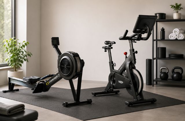 Coin home gym avec rameur et vélo d'appartement